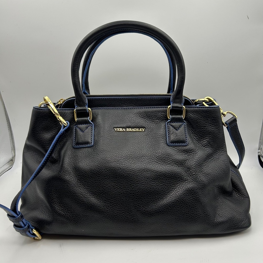 Vera Bradley Satchel Bag Womens Large Black Blue Excellent Leather Crossbody